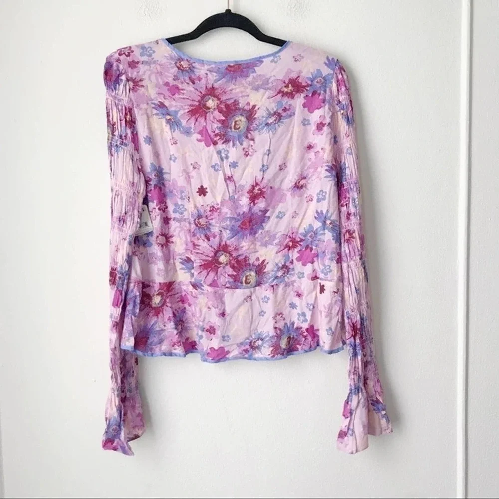 Free People Pink Lavender Floral Tie-Front Top